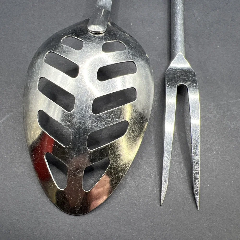 Vintage 2pc Androck Stainless Slotted Spoon & Fork USA Black Handle